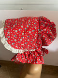 +* Adult Medium/Large Old-Fashion Pioneer Prairie Bonnet Style Sun Hat Blue Flowers on Red with White Trim