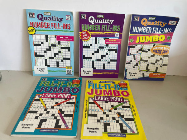 <€€ NEW Set/5 Number & Letter FILL-INS Puzzle Books by Kappa
