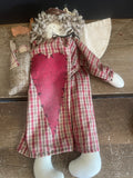 a** Fabric Stuffed Angel w/ Quiver of Leaves & Sticks,  Wings, Halo in Red Plaid Dress Christmas
