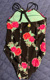 +* Girls Medium Sz 7/8 One Piece Swimsuit Black & Multi Colored Bright Floral Print Ruffled Bodice