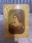 € Vintage Alabaster Framed Portrait Photo on Tin Metal Frame w/ Stand Woman