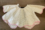 +* Vintage Baby Girl Newborn Hand Crochet Ivory Sweater Trimmed in Pink Jacket