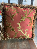 +* Square 17” Raised Velour Floral on Satiny Pillow Gold & Pinkish Red Zipper Closure Looped Fringe