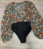 +* Black Floral Print Bodysuit XLarge V-Neck Long Sleeves