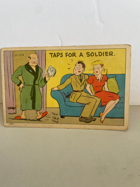 <€€ Vintage 1943 WWII TAPS FOR A SOLDIER Used Linen PostCard Postmarked Camp Breckinridge