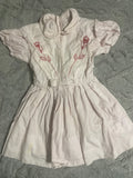 +* Vintage Girls Sz 2T Light Pink Dress Trimmed in Red Embroidery Short Sleeve Netting Slip Handmade