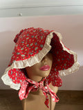 +* Adult Medium/Large Old-Fashion Pioneer Prairie Bonnet Style Sun Hat Blue Flowers on Red with White Trim