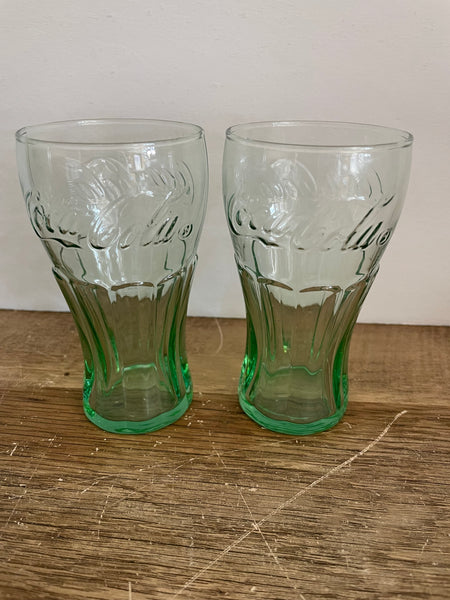 ~ Set/2 Pair Green COCA COLA Glass Mini Glasses 4.5” H Drinking Glasses