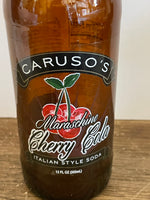 a* Carusco’s Maraschino Cherry Cola Italian Soda Bottle Brown Empty 9” H 12 oz No 8/36