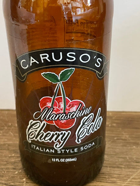 * Carusco’s Maraschino Cherry Cola Italian Soda Bottle Brown Empty 9” H 12 oz No 8/36