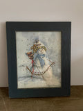 € Peggy Abrams Framed Snowman w/ Broom Winter Christmas Art Blue Wood Frame 10x12