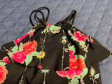 +* Girls Medium Sz 7/8 One Piece Swimsuit Black & Multi Colored Bright Floral Print Ruffled Bodice