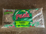 <€€ Lentils by Peak, High Fiber, Low Sodium 16oz Best Used By July 6, 2025