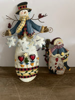 a** Metal Tin Set/2 Snowman & Snowwoman Mantle Decor Whimsical Holiday Christmas