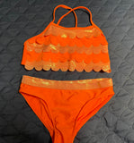 +* Girls Medium Sz 7/8 Two Piece Bikini Swimsuit Orange Ruffled Layered Bodice by Wonder Nation