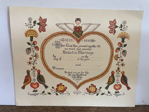 + New Vintage Early Pennsylvania Dutch Marriage Certificate WHOM GOD HAS JOINED Heavy Stock