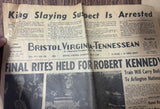 +* AS-IS Vintage Bristol Virginia Tennessean RFK Kennedy Final Rites Jun 8 1968 Newspaper