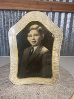 <€€ Vintage Ivory Alabaster Framed Portrait Photo on Stand Tin Metal Frame Young Boy Color Enhanced