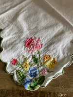 <€€ White Table Cover Doilie with Multi Colored Appliqués Cotton