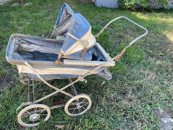 Vintage Baby Carriage Buggy Stroller White Blue Metal Frame