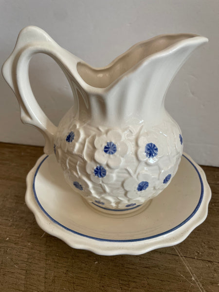 + Vintage ENESCO Japan Small Pitcher and Bowl Blue & White Pressed Flowers