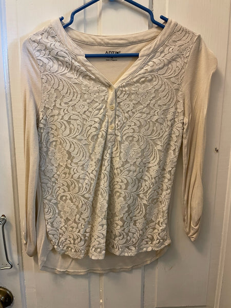 * Womens/Juniors XSmall Ivory Apt.9 Tab Button Up Long Sleeves Henley Top Lace Overlay