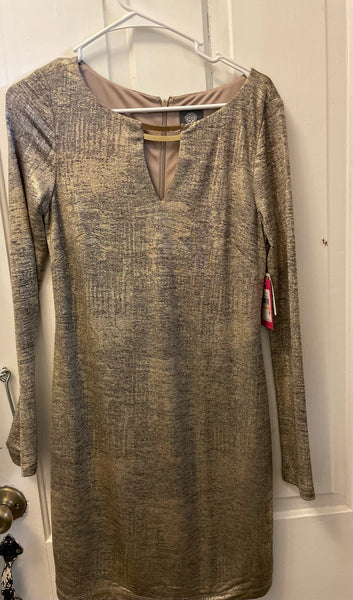 * New Womens Juniors Size 2 Gold Shimmer Long Sleeve Dress by Vince Camuto Gold Neck Accent