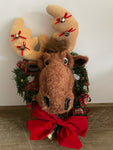 a** Stuffed Animal Christmas Moose w/ Wreath & Bell Holiday Christmas