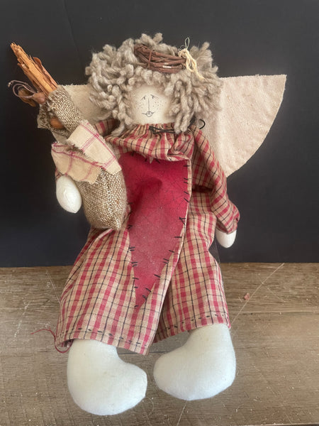 a** Fabric Stuffed Angel w/ Quiver of Leaves & Sticks,  Wings, Halo in Red Plaid Dress Christmas