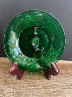 a** Vintage Small Round Green Glass Trinket Dish Plate Embossed Flowers & Leaves