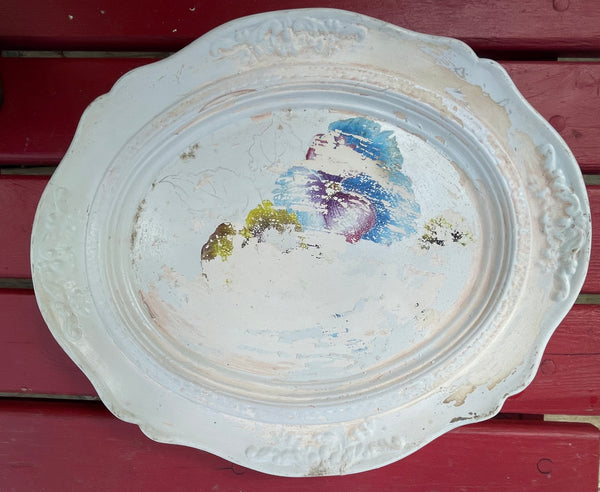 * Vintage Painted Oval Platter Ornate Raised Design Decor Only Craft Project Piece