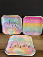 New Happy Birthday Watercolor Tie Dye & Gold Rainbow Party Plates Set/3 8ct ea 8-3/4” Sealed
