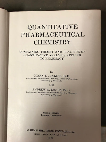<€€ Quantitative Pharmaceutical Chemistry Jenkins and DuMez 1937 2nd Edition Hardcover