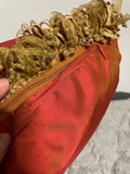 +* Square 17” Raised Velour Floral on Satiny Pillow Gold & Pinkish Red Zipper Closure Looped Fringe