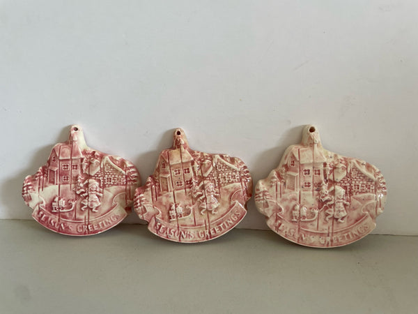 a** Set of 3 Vintage 3” “Seasons Greeting” Pink Ceramic Ornaments