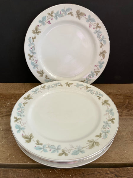 €¥ Vintage Fine China MS Japan #6701 Set/5 10.25” Dinner Plates Grapevine Green and Blue Silver Rim