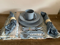 Picnic 17 Pc Dish Set Blue & Pink Southwest Design Placemats, Blue Napkins, Plates, Bowls, Utensils