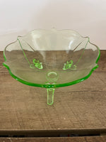 a** [glow?] WN€* Vintage Light Green Depression Glass Candy Candle Dish 3” H Footed Uranium Glow