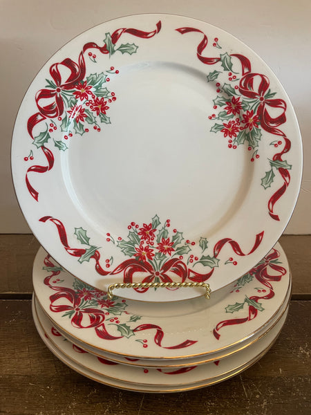 <€€* Dynasty CHRISTMAS SPIRIT Fine China Set/5 10.5” Dinner Plates Ribbons & Poinsettia