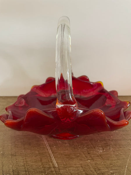 a** [glow?] €*~ Vintage Ruby Red Depression Glass Candy Dish Basket Cadmium Glow
