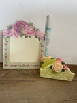 + Vintage 3pc Desk Set Pen & Letter Holder, Ink Pen and Notepad by Lady Jayne LTD Rose Garden 2002