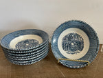+ Vintage CURRIER & IVES Royal China Blue THE OLD FARM GATE Set/8 5.5” Fruit/Dessert Bowls
