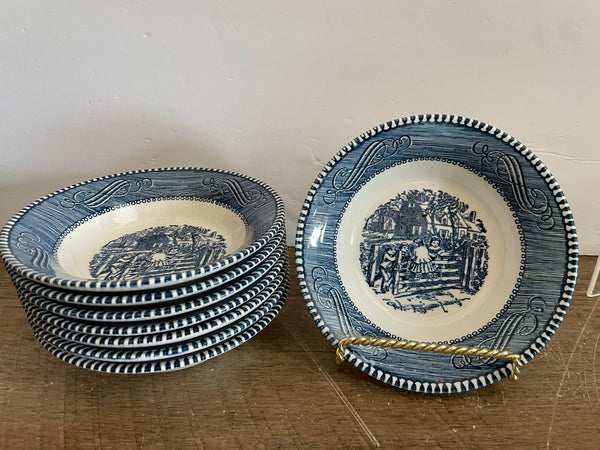 + Vintage CURRIER & IVES Royal China Blue THE OLD FARM GATE Set/8 5.5” Fruit/Dessert Bowls