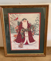 € Nadine Harper Wood Framed & Matted Santa & Forest Animals Art 1991 17.5” W x 23” H