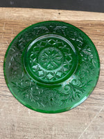 a** Vintage Small Round Green Glass Trinket Dish Plate Embossed Flowers & Leaves