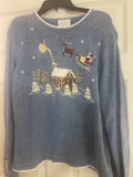 ** Women’s XL Christmas Sweater Christopher & Banks Hand Embroidered Santa Over Cozy House Blue
