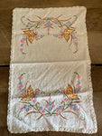* Vintage White Table Cover Doilie 11.5” Embroidered Butterflies & Crocheted Edge Cotton