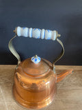Vintage Copper Kettle w/ Blue & White Porcelain Handle & Lid