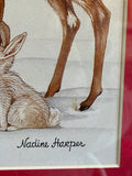 € Nadine Harper Wood Framed & Matted Santa & Deer Art 1991 17.5” W x 23” H
