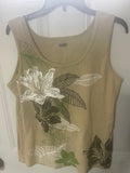 +* Womens Basic Editions XL Tank Top Beige with Flowers Dipped in Silver Glitter Cotton